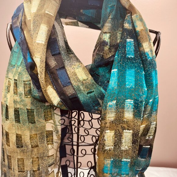 Vintage Modernist Geometric Scarf — Blue, Green & Gold Pattern - Picture 6 of 16